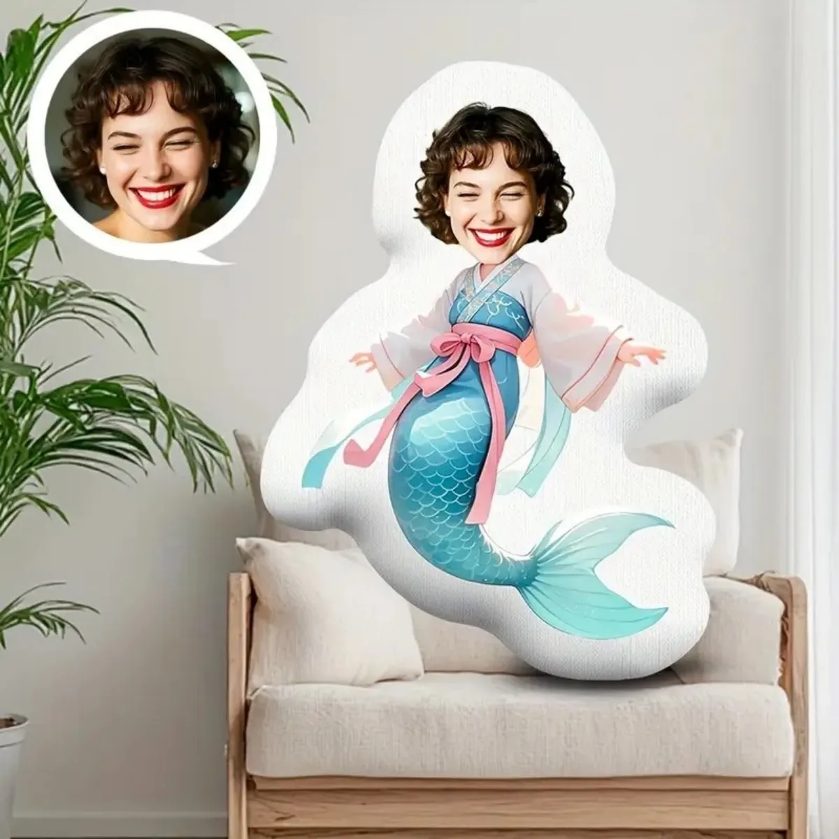 وسادة قطيفة منزلية مخصصة للصور - هدية مخصصة على شكل وجه حورية البحر مع صورتك، هدية تذكارية #1