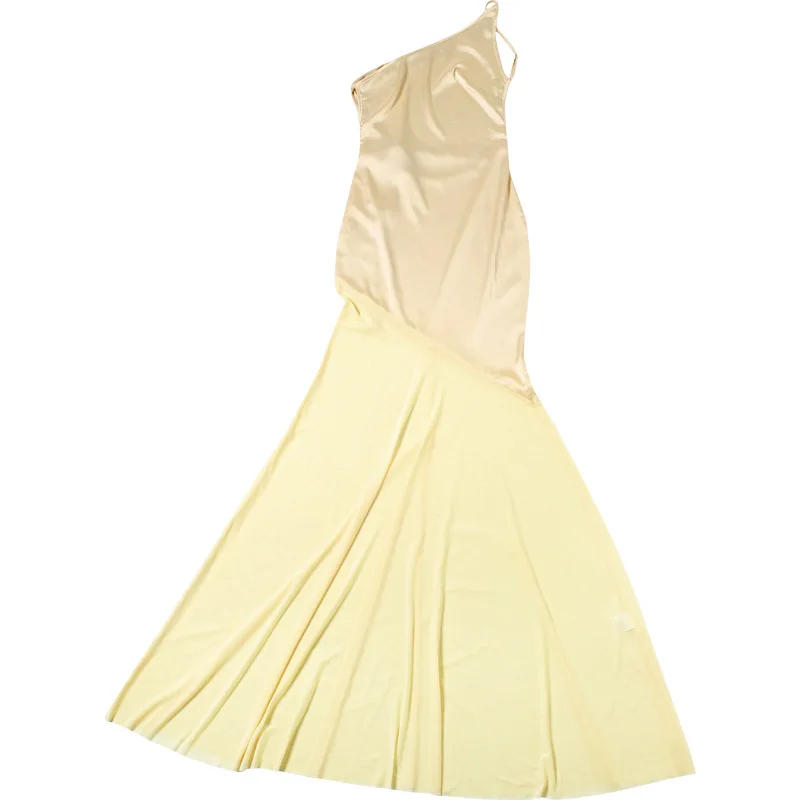 エレガントな非対称ショルダーサテンメッシュパッチワークパーティークラブイブニングドレス女性のセクシーな背中の開いたボディコンホリデービーチウェア