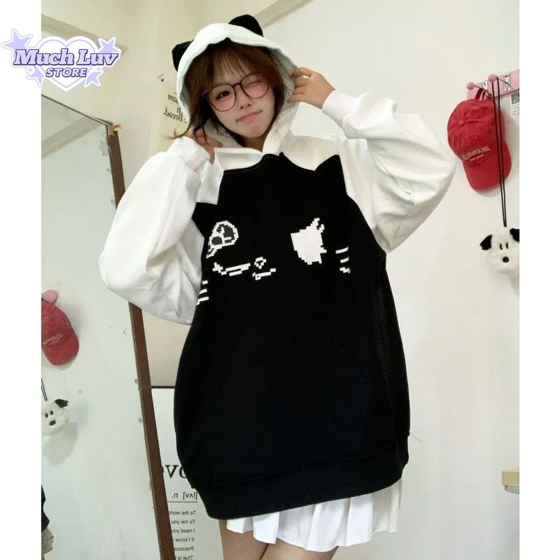 Subcultural Kitten Print Thick Hooded Sweatshirt for Women Autumn and Winter Fashion Trend Casual Comfy Couple Top Coat Harajuku