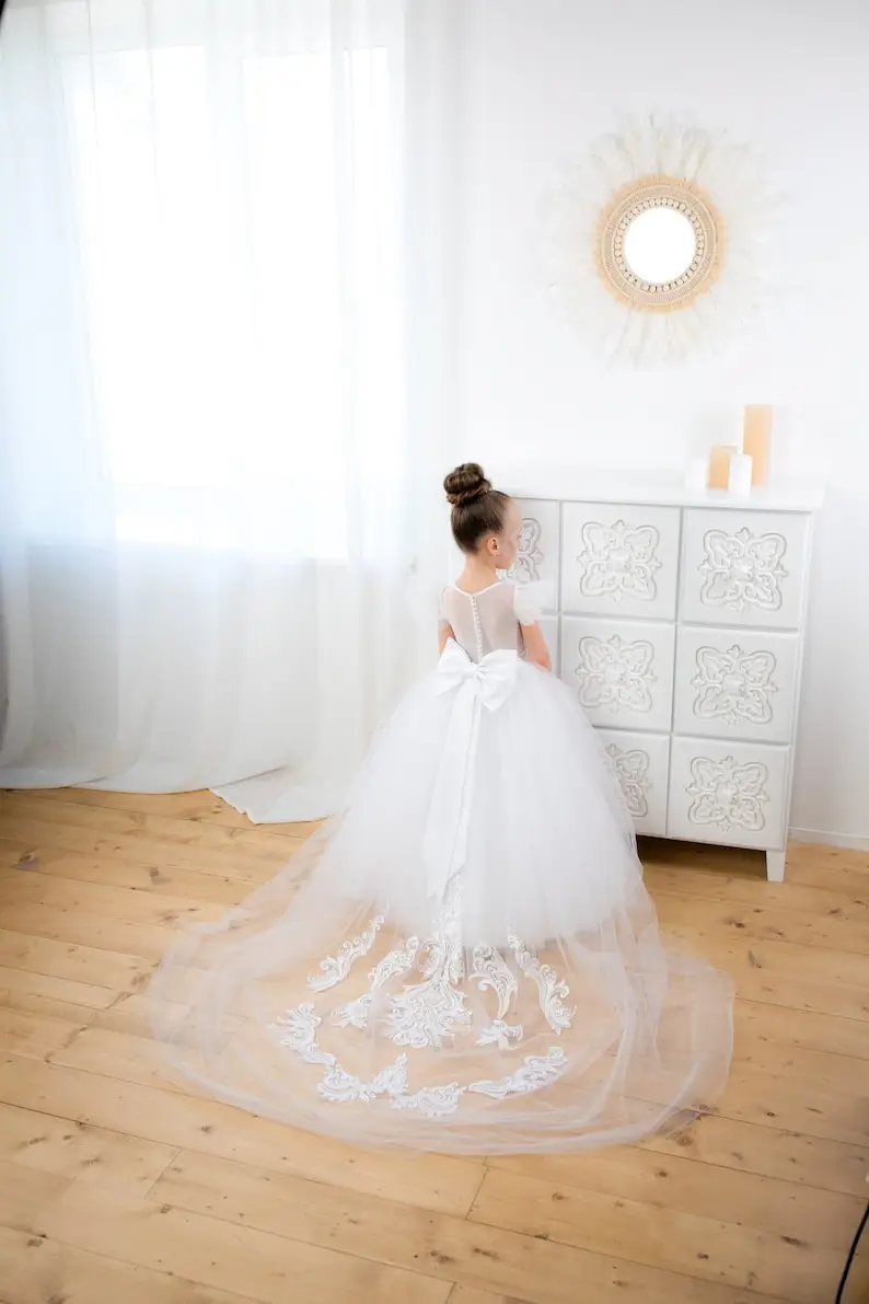 فستان فتاة الزهور البيضاء فستان زفاف الأميرة وصيفة العروس الصغيرة الطفل مفتوح الظهر فستان فتاة فساتين الحفلات المسائية #3