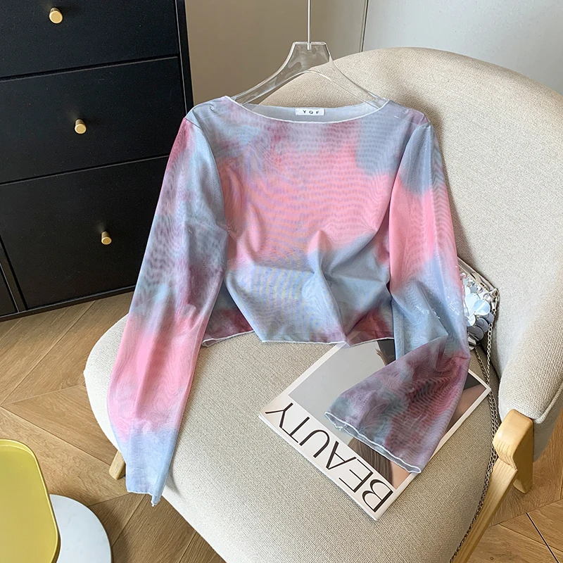 

Chic Short Sleeve Women's T-shirt Long Sleeve Dyed T-shirt Spring Summer New Style Elegant Korean Version Straight Cut Silk Top