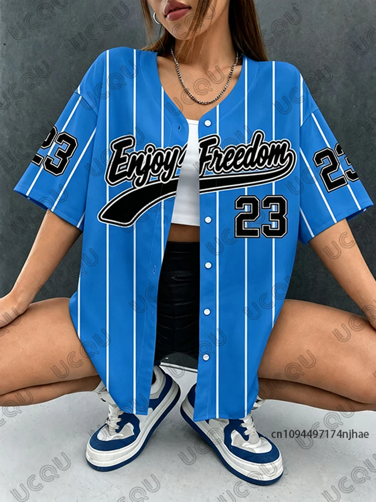 2026 Sommer Neu Retro Schwarz Enjoy Freedom 23 Print Bluse Damen Streetwear Baseball-Shirt Hip Hop Kurzarm Button-Up Oberteil – Detail 5