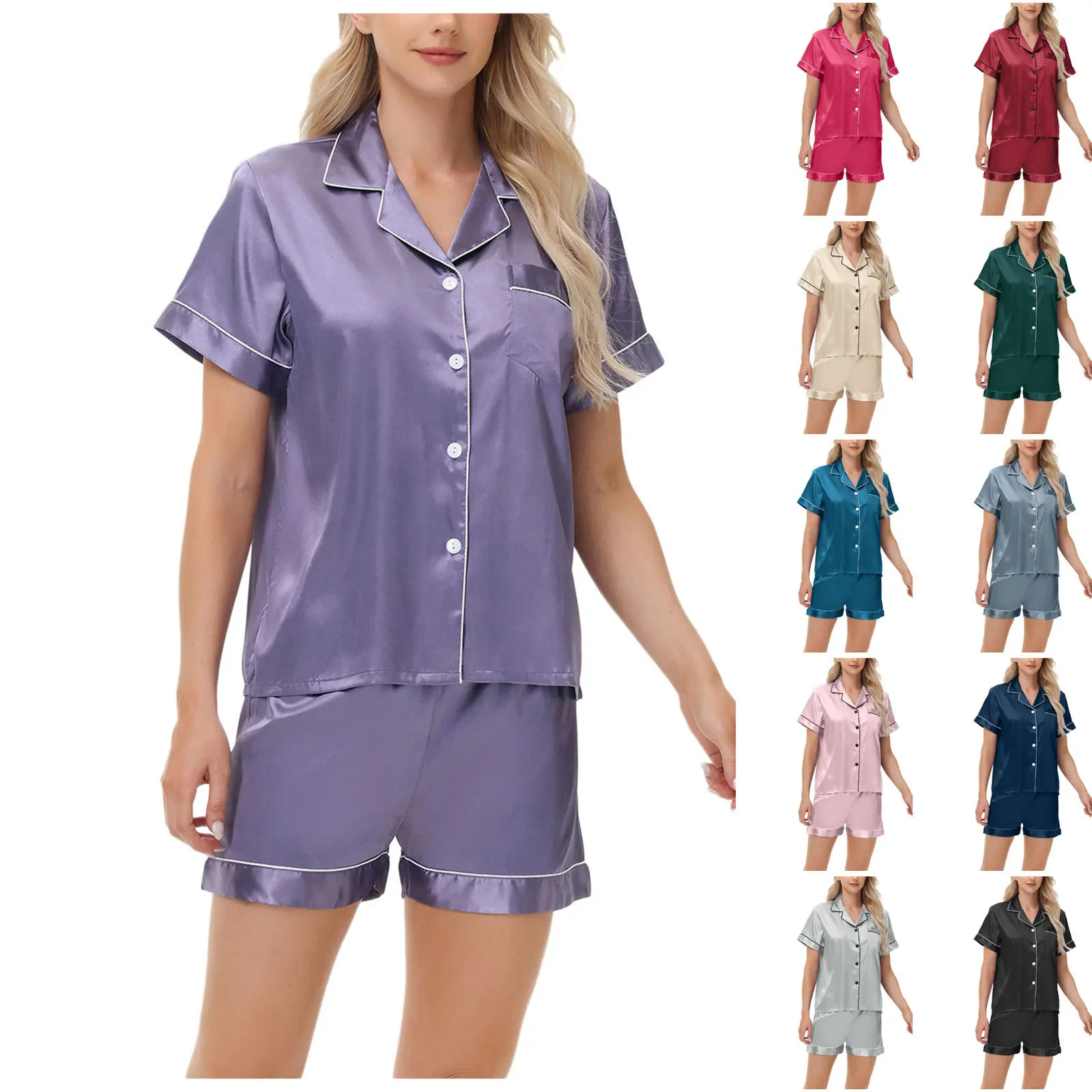 Classic Design Solid Pajamas Set Women Ice Silk Satin Soft Sleepwear Female Short-sleeved Shorts Large-size Pyjama Homewear Lady