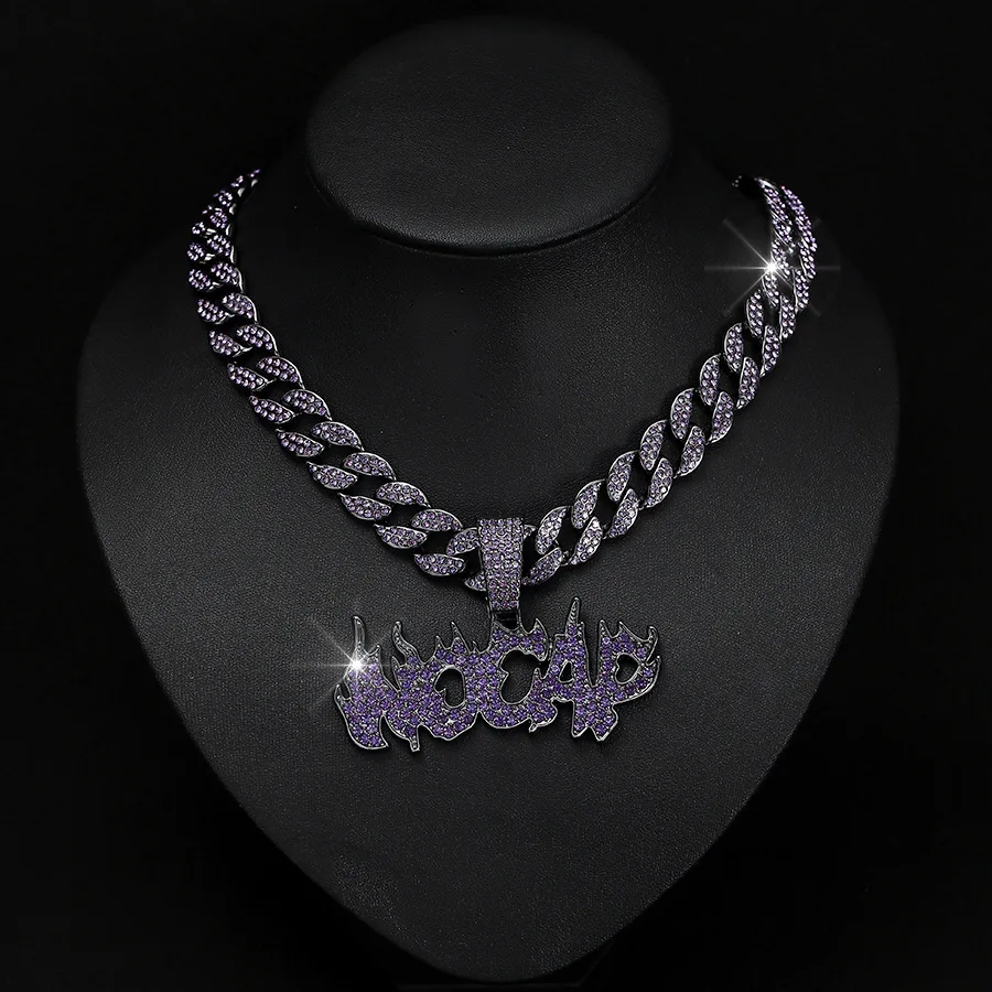 

Purple Rhinestone Hip Hop Flame Letter Pendant Necklace For Men Women Jewelry Rock Jewelry