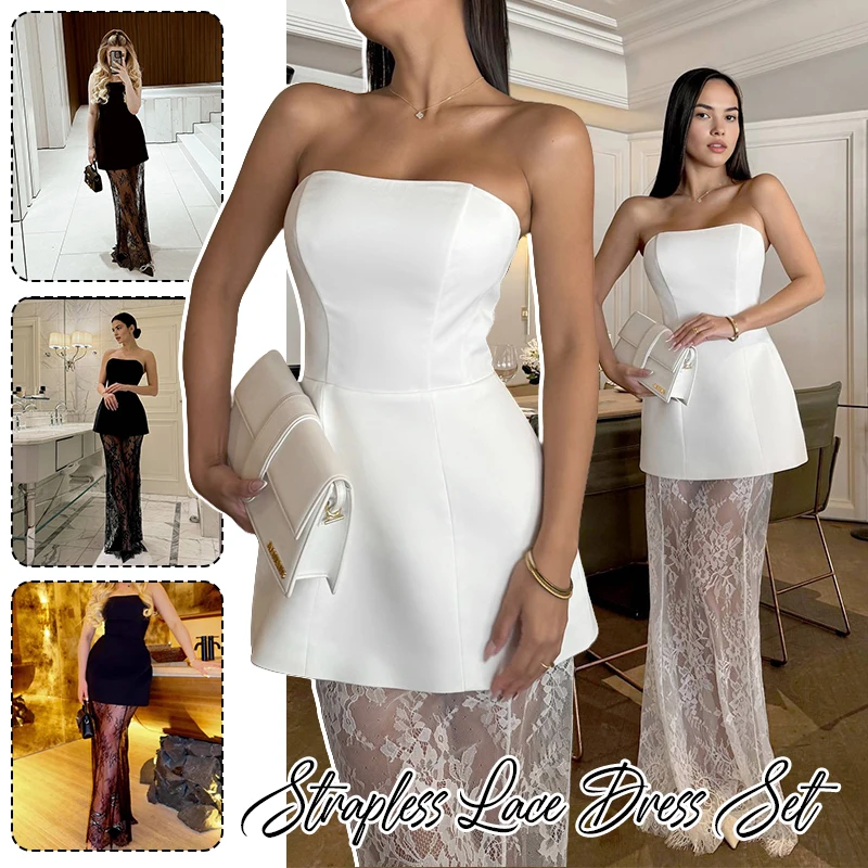 

Sleeveless Backless Strapless Lace Dress Sets Elegant Sexy Strap Vest High Waist Splice Long Skirt Ladies Banquet 2 Pieces Set