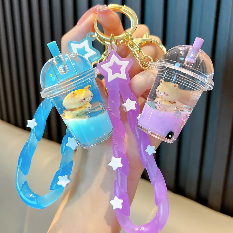 Creative Drink Milk Tea Bear Glitter Ring Liquid Keychain Cute Oil Floating Quicksand Bottle With Lid Milk Tea Cup Car Key Chain