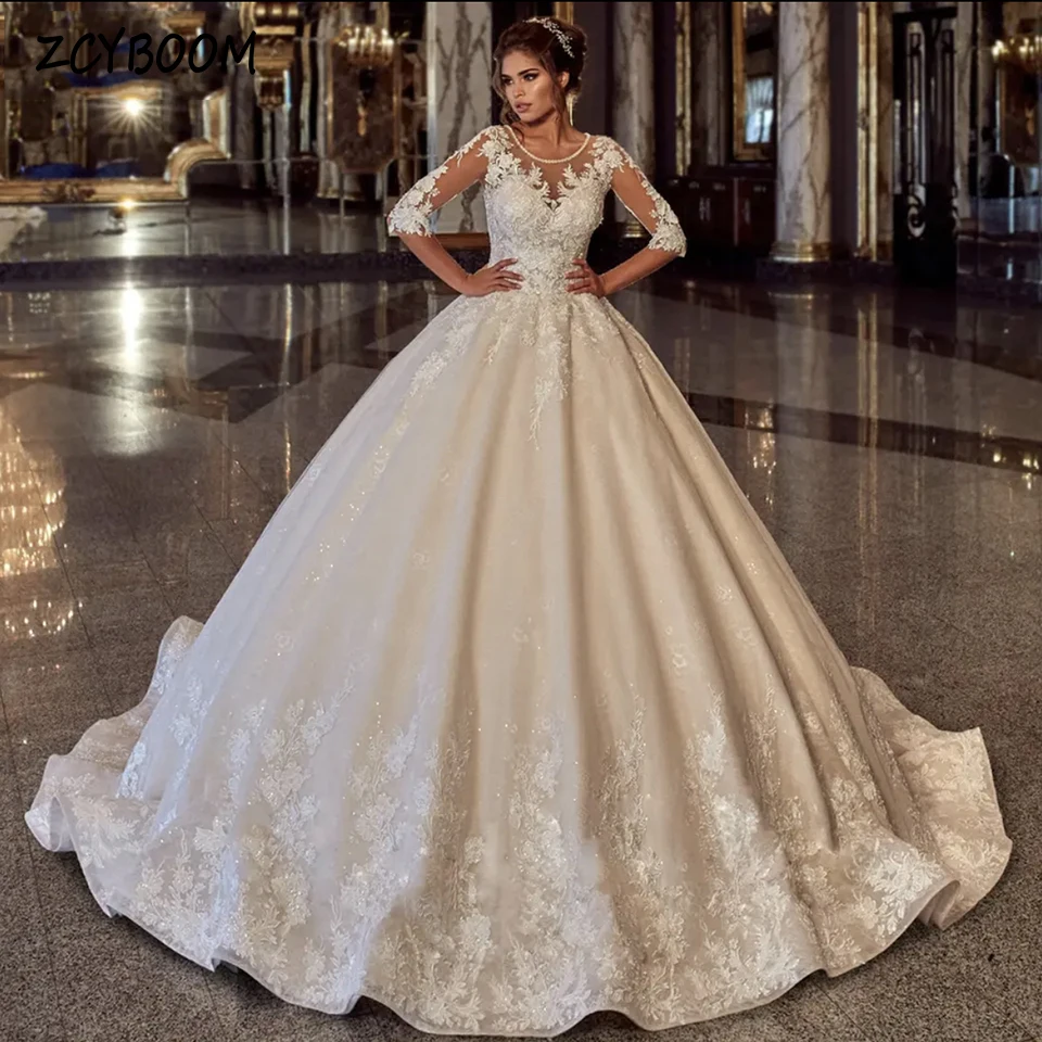 

Elegant O-Neck Pearls Appliques Half Sleeves Wedding Dress 2024 Ball Gown Floor Length Sweep Train Tulle Lace Up Bridal Gown