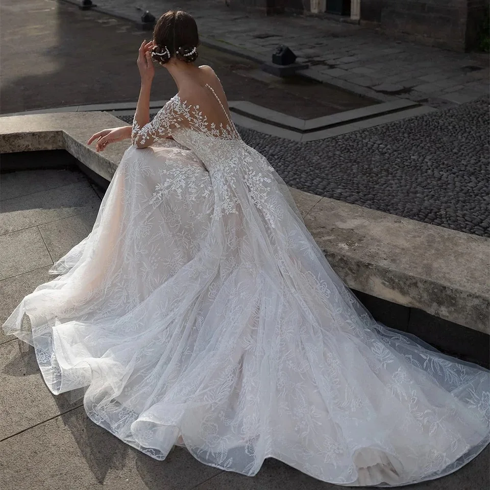 Robe de mariée à manches longues pour femmes, Illusion de cou et dos, 3/4, WW8290, 2022