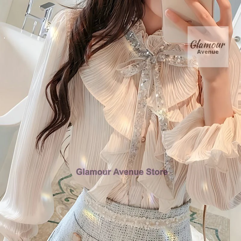 French design sense niche unique wooden ear sequined bow tie-up shirt women's summer semi-high collar flared sleeve shirt