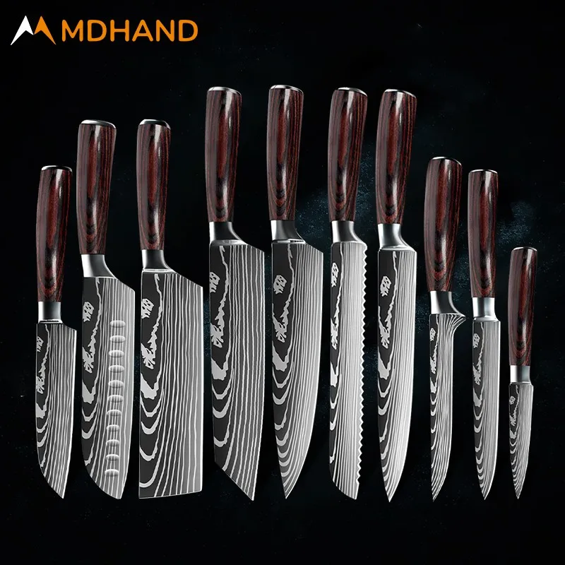 1-10PCS Kitchen Knives Set Laser Damascus Pattern Sharp Japanese Chef Knife Santoku Knife Cleaver Slicing Utility Knife