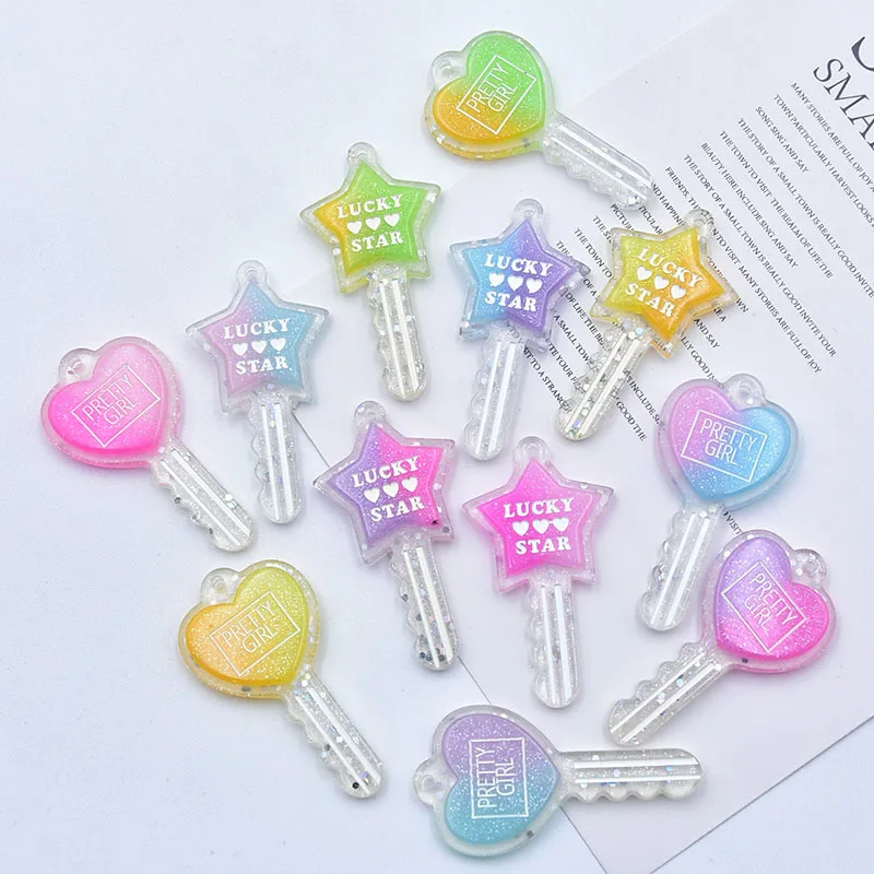 10pcs Simulation Resin Gradient Two-Color Heart and Stars Letter Keychain Pendant DIY Key-Shaped Bag Charm Jewelry Accessories