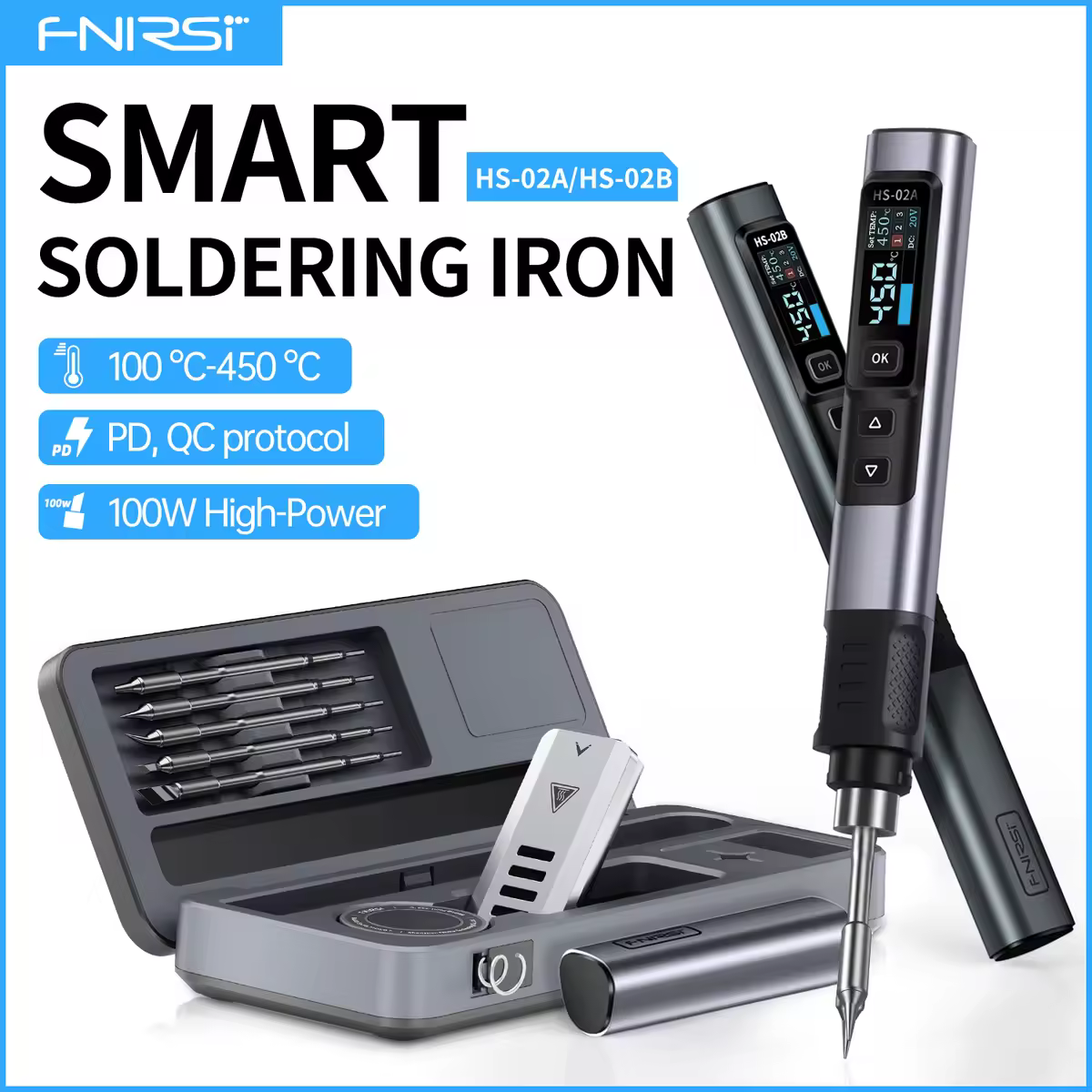 FNIRSI HS-02 Estação de solda inteligente 100W Ferro de solda elétrico Temperatura constante ajustável Kit de ferro de solda de calor rápido