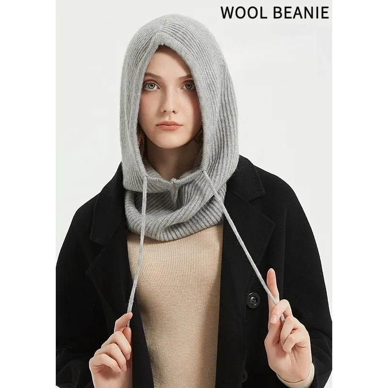 Women's Winter Hat 100%Wool Soft Warm Balaclava Beanies Ear Face Neck Protect Dual-Use Fashion False Collar Hat Ski Cap