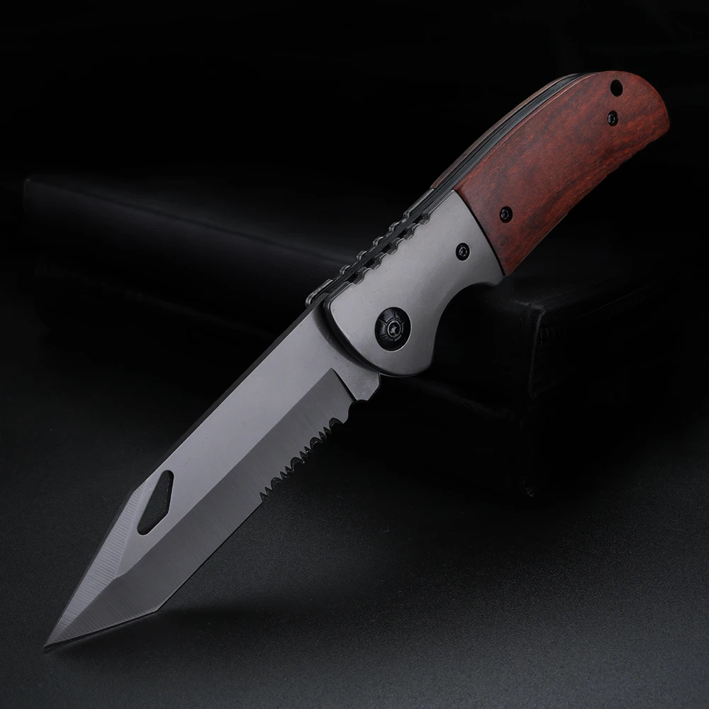 Wooden handle serrated outdoor knife, high hardness folding knife, portable short knife