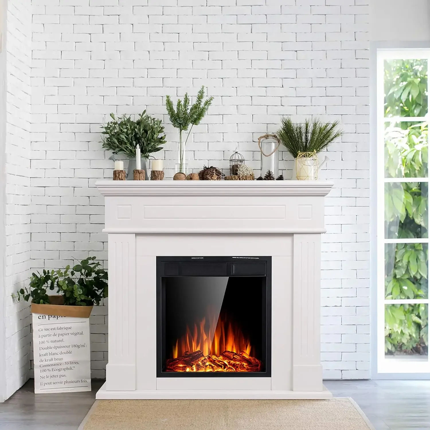 เตาผิงไฟฟ้า Mantel แพคเกจไม้รอบทิศทาง Firebox ขาตั้งทีวียืนฟรีเตาผิงไฟฟ้าเครื่องทําความร้อนพร้อม Logs