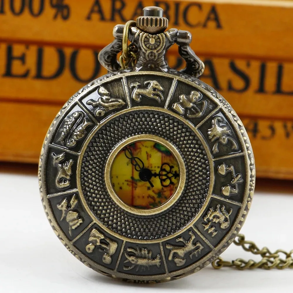 황동 레트로 석영 주머니 시계 조디악 릴리프지도 다이얼 남성과 여성 목걸이 시계 Steampunk 패션 선물 액세서리