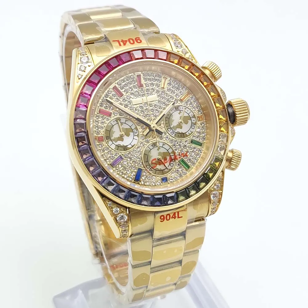 2026 Parnsrpe VK63 Men\'s Luxury Watch Iced Out Full Diamond Rainbow Bezel Chronograph Mechanical Watch Business Gift