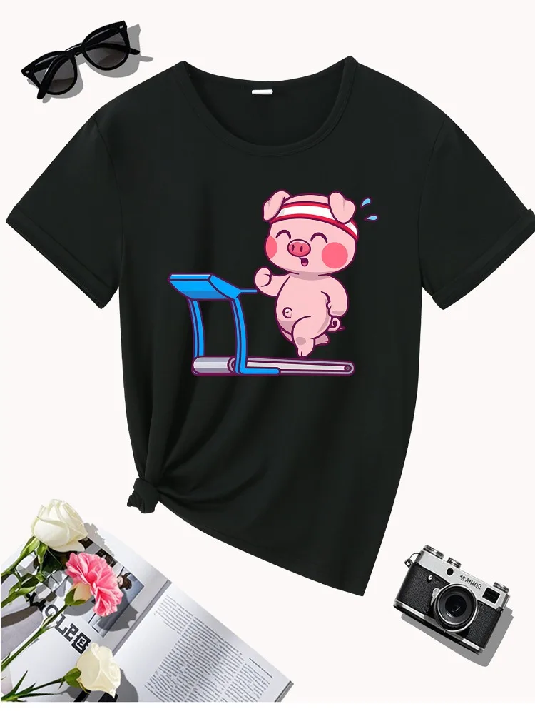لطيف الكرتون خنزير نمط المشي طباعة المرأة تي شيرت عارضة أزياء قصيرة الأكمام أعلى لينة النسيج الشارع الشهير