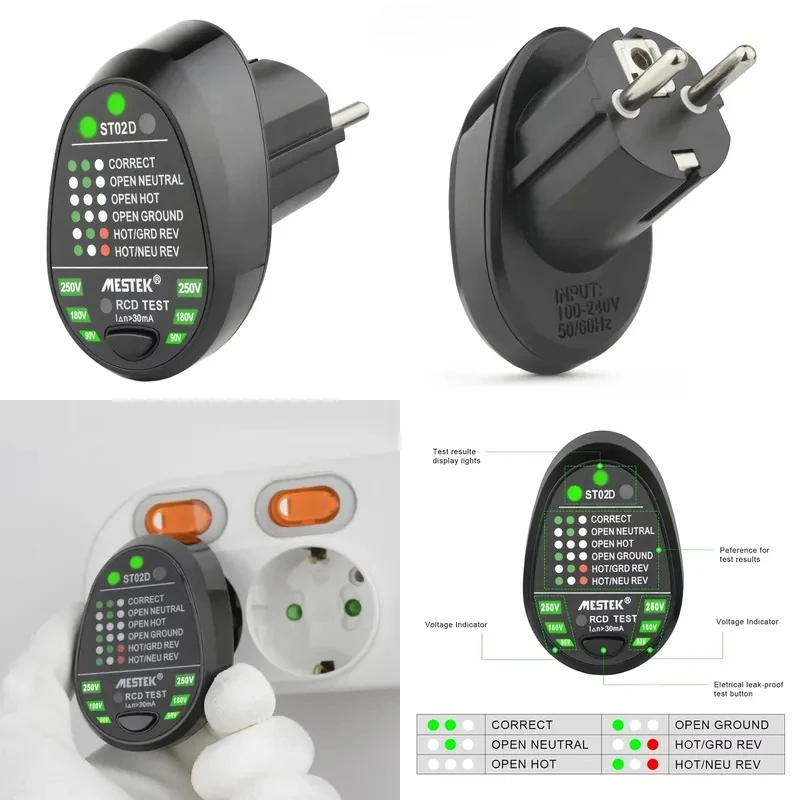 XXT LCD Display Socket Tester, Supports 90-250V Voltage Testing & RCD Detection, Professional Electrical Inspection Tool