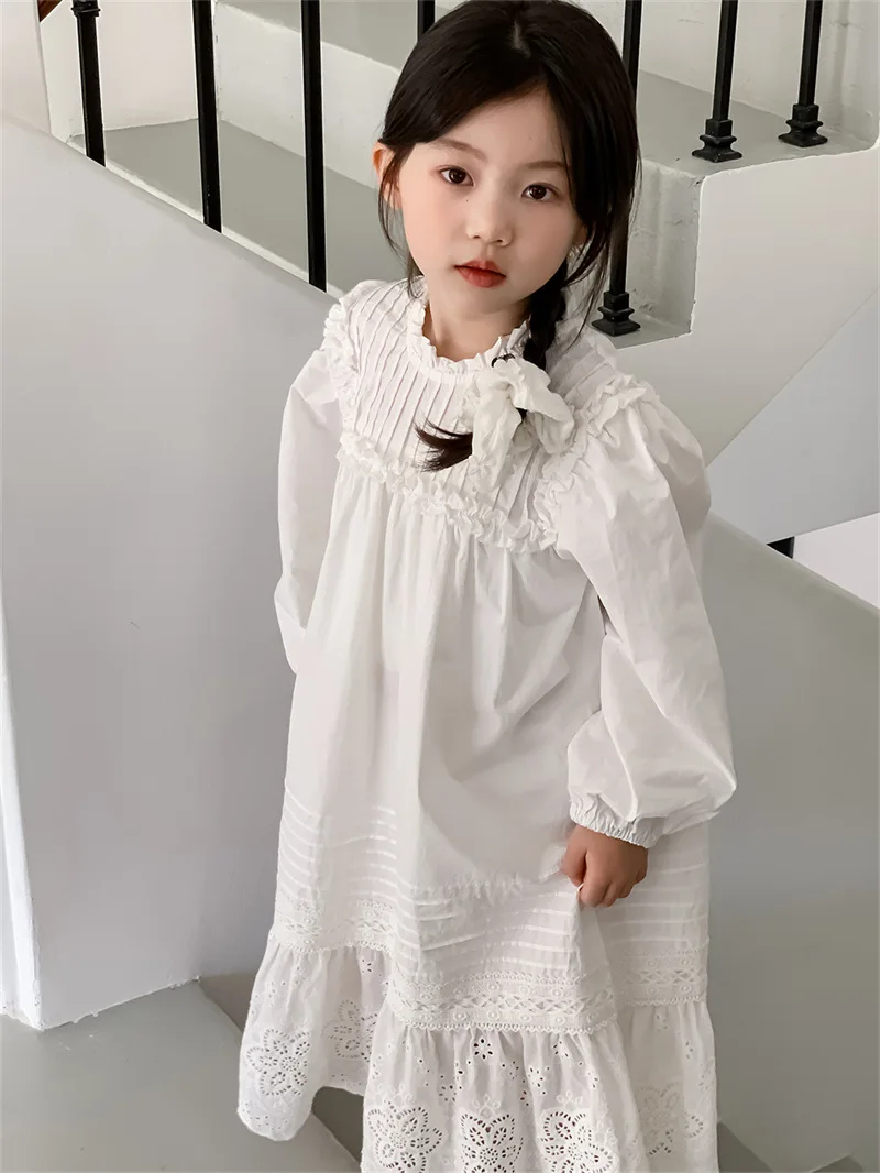 

2024 New Girl's Dress White Pure Cotton Princess Dress Baby Girl Spring/Summer Sweet Clothes Height 90-150cm Children