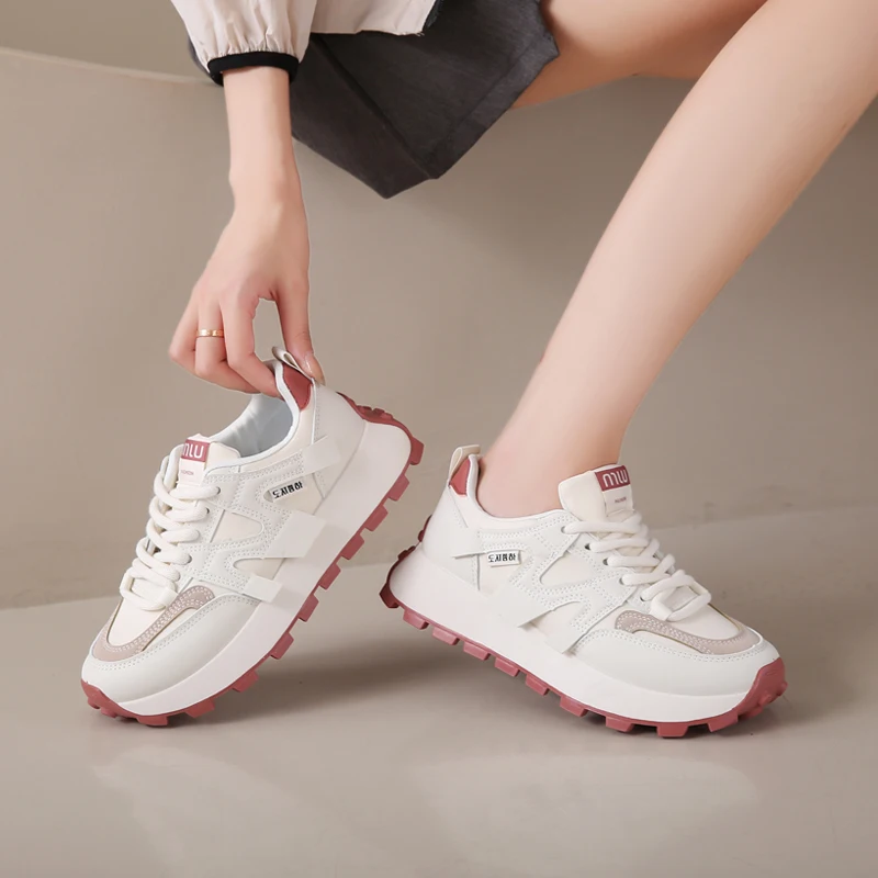 CRLAYDK 2024 Fall New Women\'s Platform Sneakers Walking Chunky Leather Shoes Comfortable Lace Up Casual Fashion Tennis for Lady