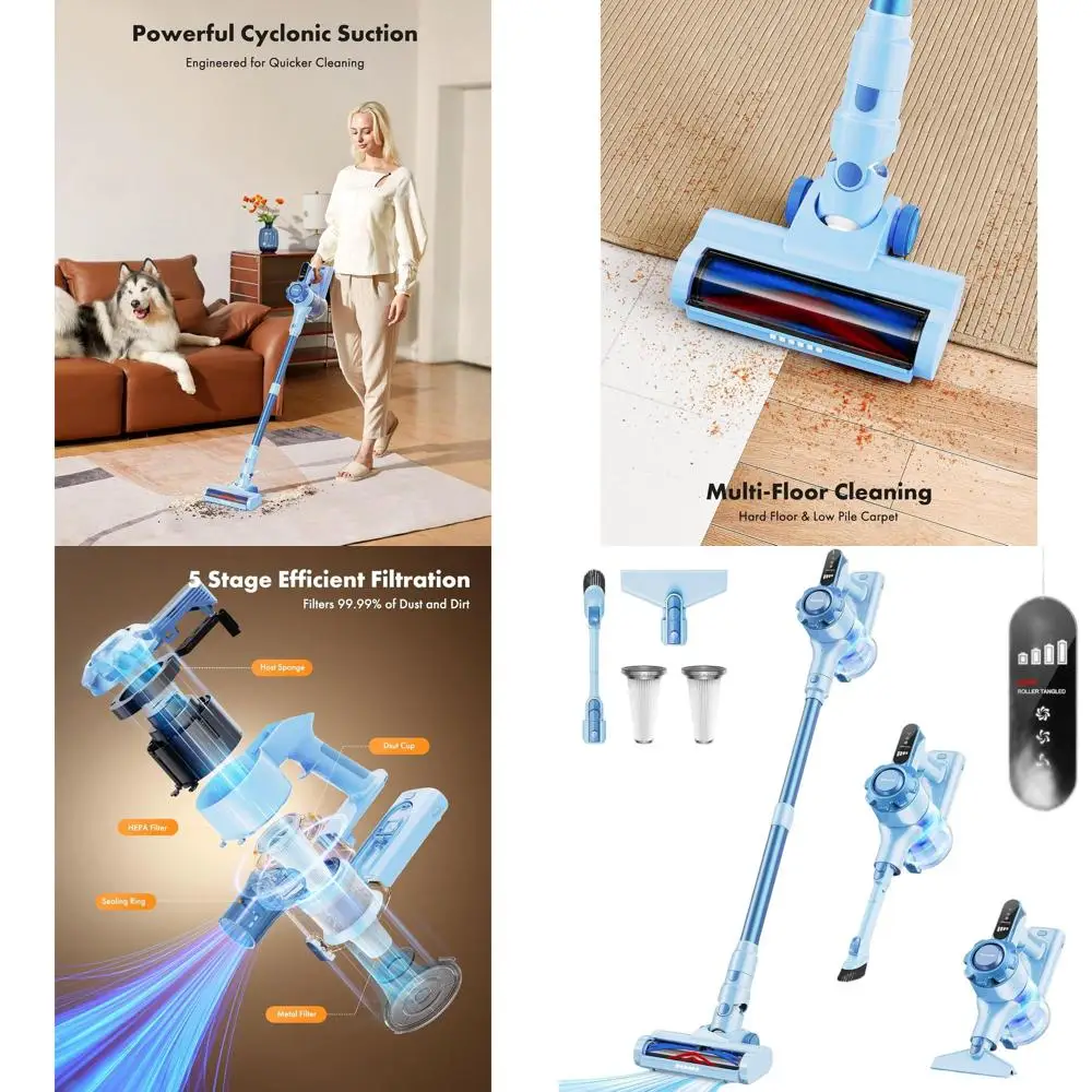 

Легкий беспроводной пылесос 8-в-1, время работы 45 минут, сильное всасывание для различных полов и шерсти домашних животных, синий