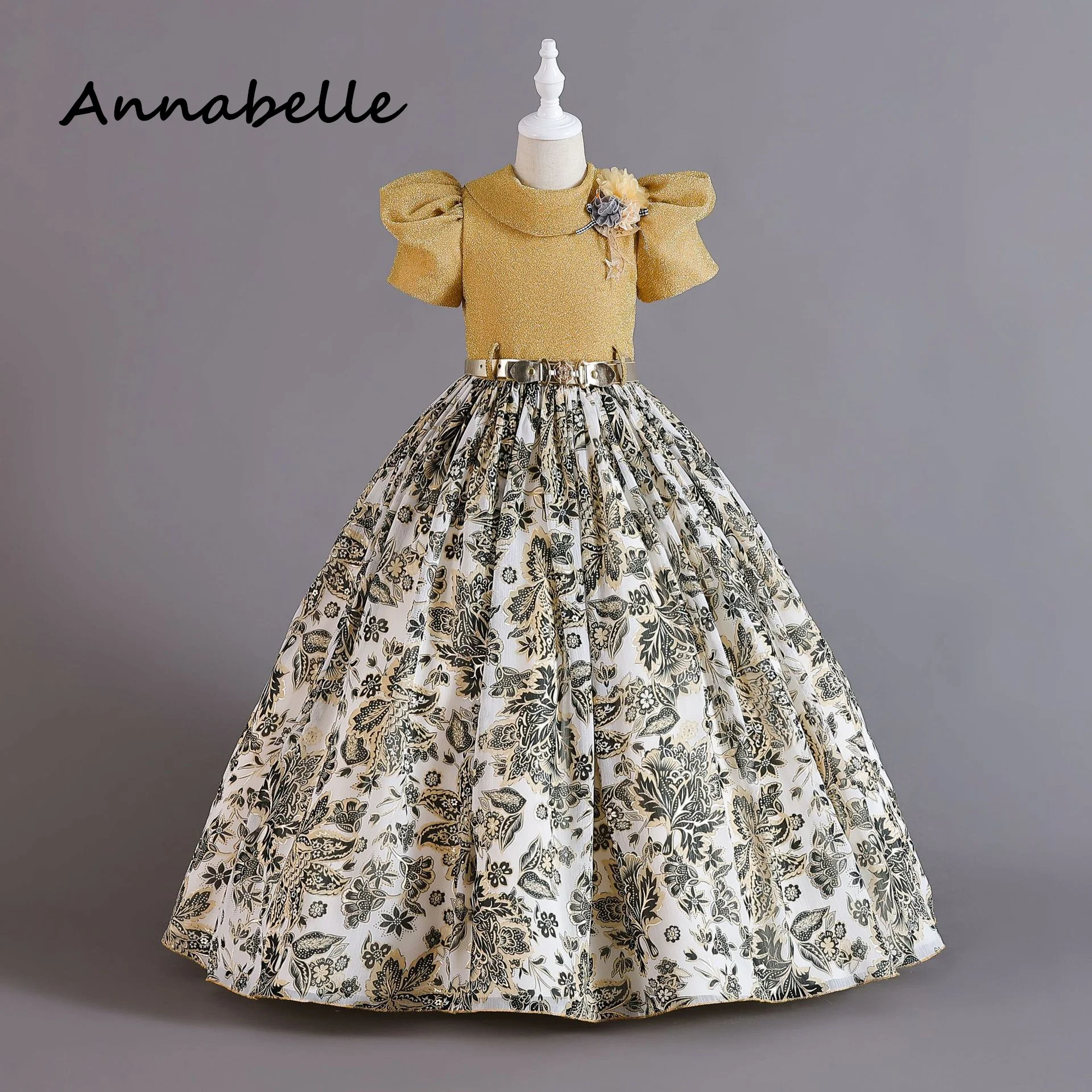 Annabelle-Vestido Puffy com renda para menina, vestido arco para festa de casamento, roupa infantil elegante de princesa