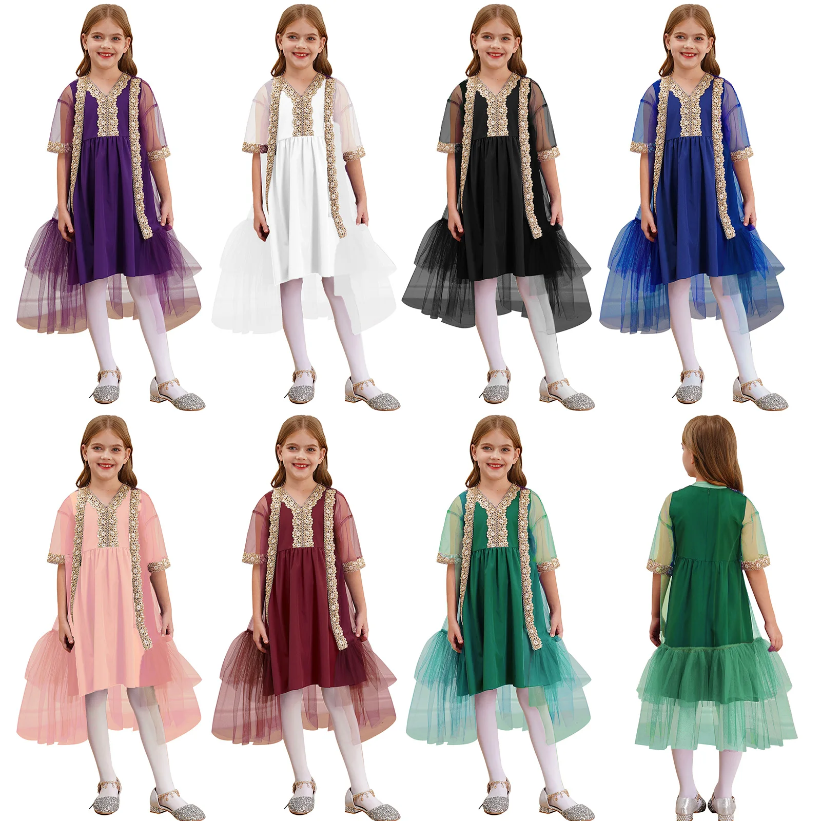 Kids Girl Glittery Embroidered Applique Trim Tulle Cloak Elegant Short Sleeve Open Front Ruffled Dress for Wedding Party Banquet image 5