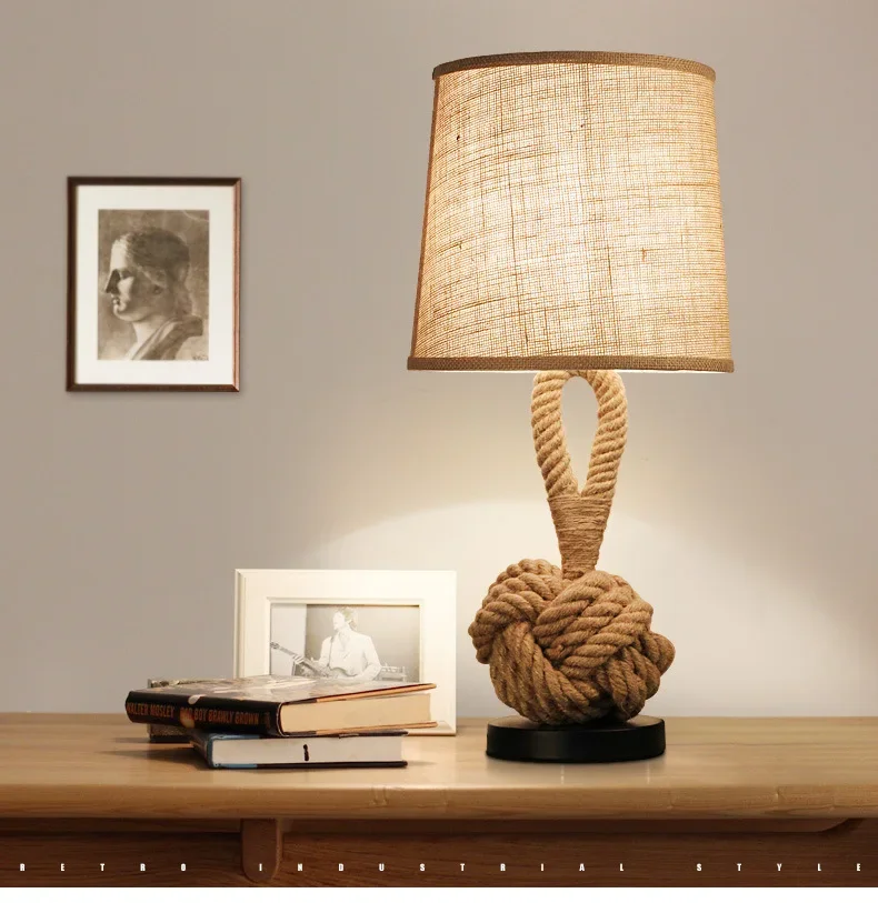 

American Retro Vintage Hemp Rope Table Lamp Loft Decorative Desk Lights Coffee Table Bedroom Bedside Study Restaurant