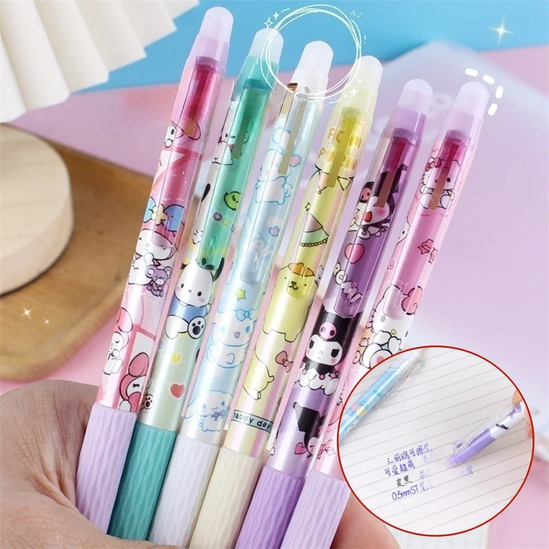 6pcs Sanrio Erasable Gel Pen Cinnamonroll Kuromi Melody 0.5 Student Writing Quick-drying Cute Stationery Girl Gift Pen