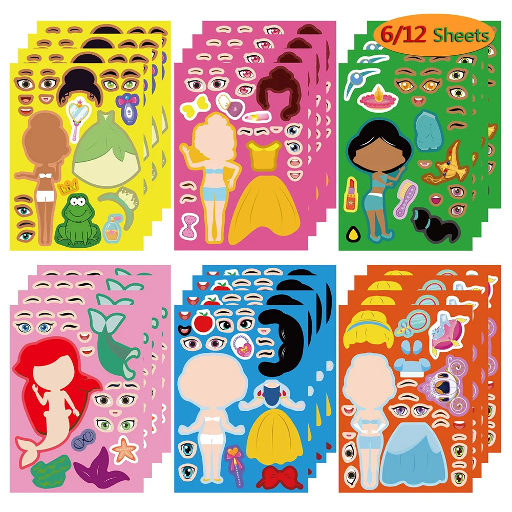 6/12Sheets Cute Disney Princess Puzzle Stickers Children Make a Face Snow White Mermaid Kids Game Jigsaw Party Boys Girls Gift