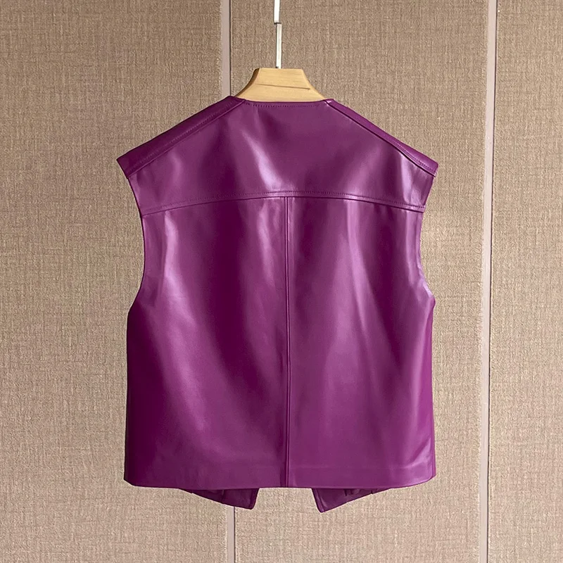 Chaleco de cuero para mujer, camiseta sin mangas suelta, cuello en V, sólido, chaleco de piel de oveja genuina, abrigo sin mangas con Clip, primavera y otoño