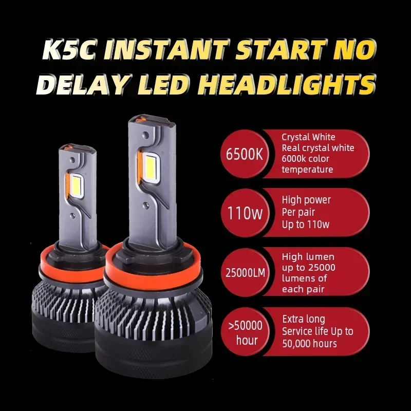 Lâmpada do farol LED para caminhão, lâmpada, K5C, 24V, H7, H4, H1, H11, 4300K, 6000K, 110W, 2pcs