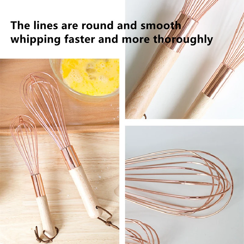 Wooden Handle Stainless Steel Egg Beater Nordic Ins Rose Gold Kitchen Household Baking Tool Mixer