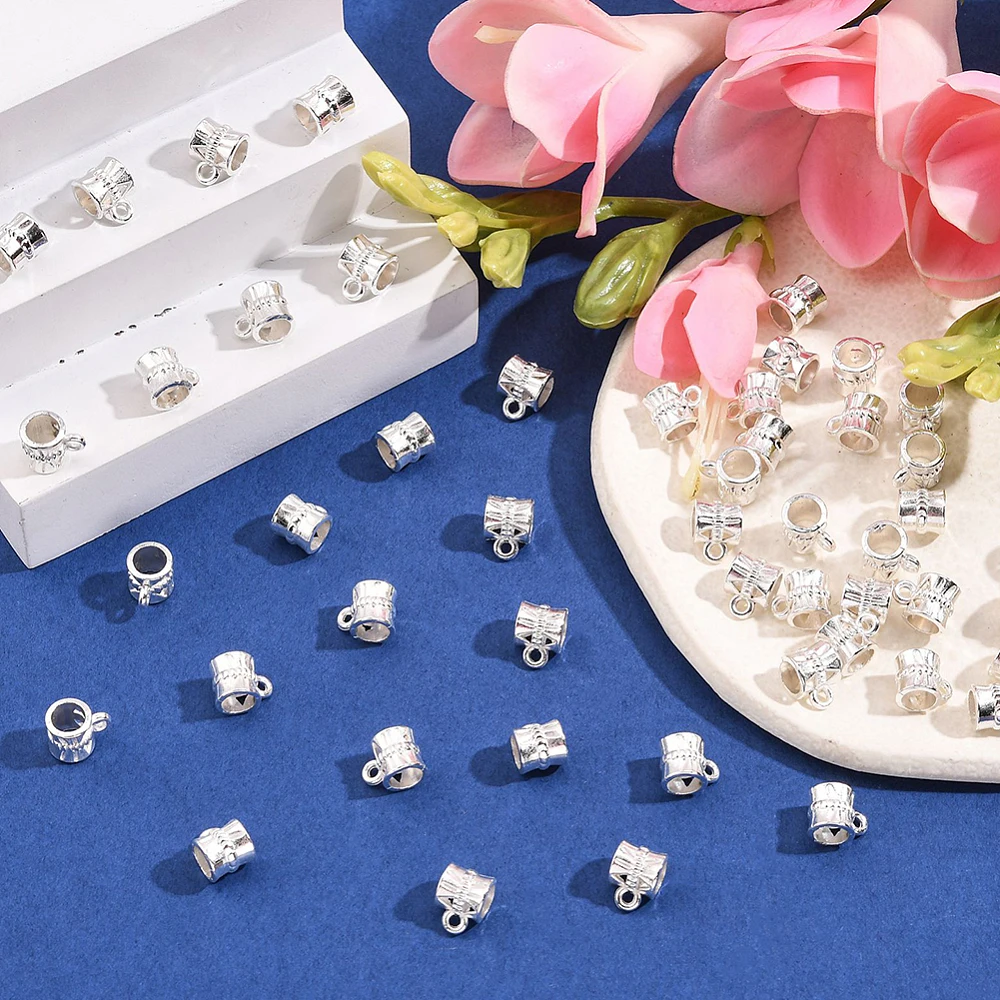 160Pcs Silver Bail Beads Gold Tube Bails Alloy European Textured Column Connector Links Loop Spacer Charm Hanger Bead - view 5
