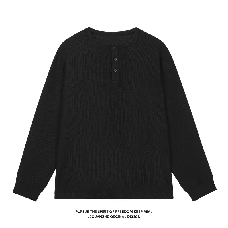 Men's Waffle Knit Henley Long Sleeve T‑Shirt 3‑Button Placket Casual Loose Fit Crew Neck Daily Top Shirts image 3