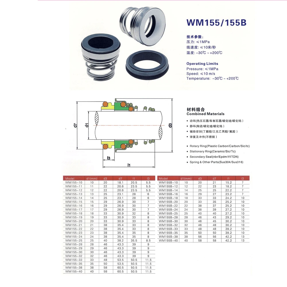 WC-WC-FKM 108 Series 18/19/20/22/25/28/30/35/40/45/50/55/60mm Diameter Mechanical Shaft Seal Single Spring For Water Pump