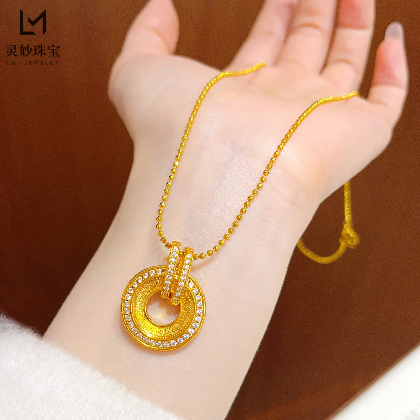 

Luxury 24K 9999 Pure Gold real gold Women's Point Diamond Ferris Wheel Pendant Necklace Safe Buckle Donut Clavicle Chain