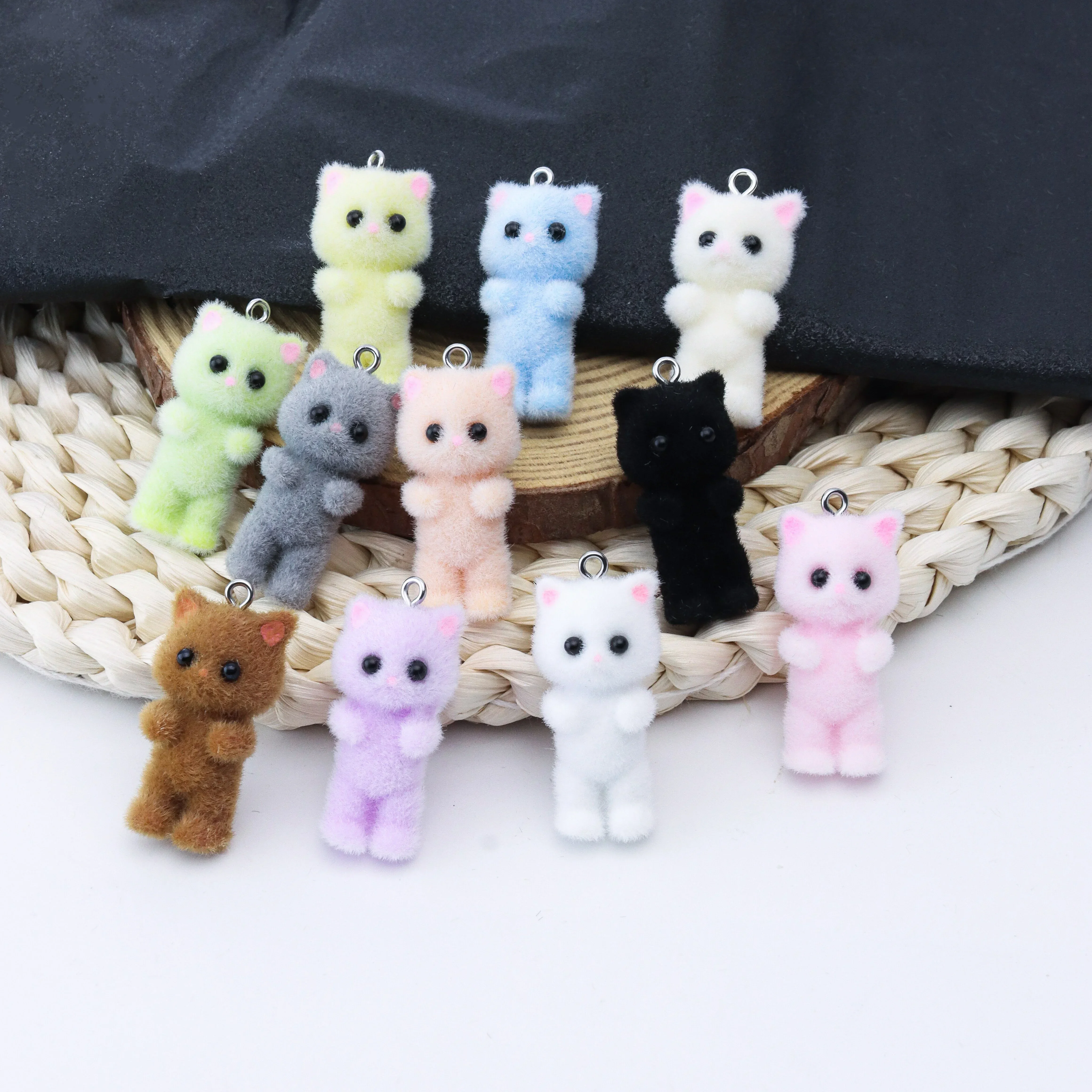 11PCS Cat Pendant Kawaii 3D Fluffy Flocking Animal Cat Charms Miniature Dolls Keychain Necklace Pendant DIY Crafts Jewelry Make