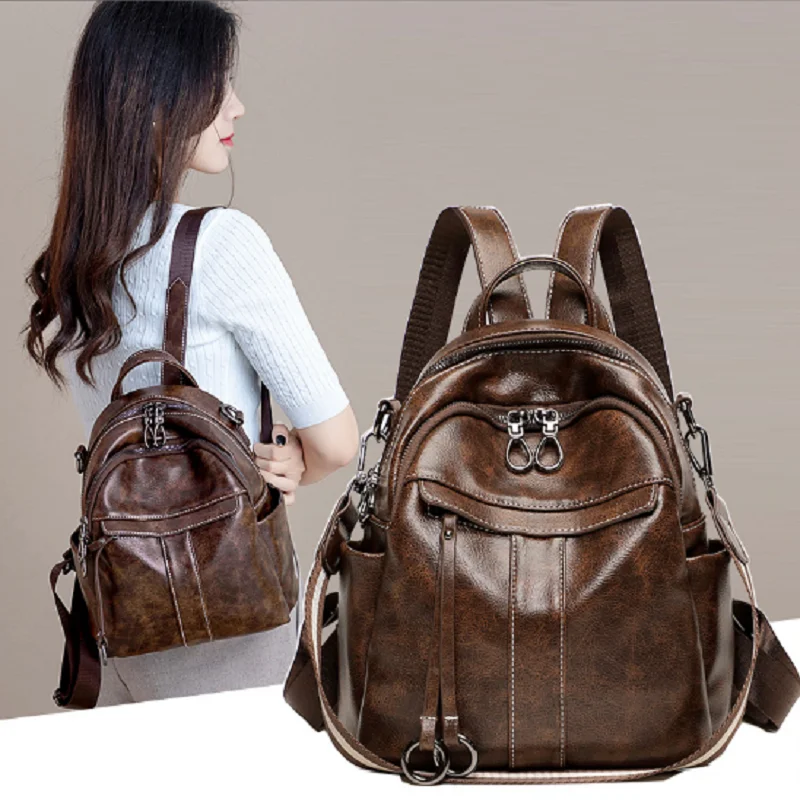 

High Quality Leather Backpacks Women's Fashion Luxury Double Zipper Shoulder Bags Totes Large Capacity Travel Crossbody Backpack