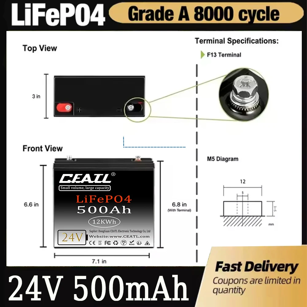 🔥24V LiFePO4 400Ah  Battery Built-in BMS RV Rechargeable Lithium Iron 🔥Phosphate Solar Power System RV House Trolling Motor