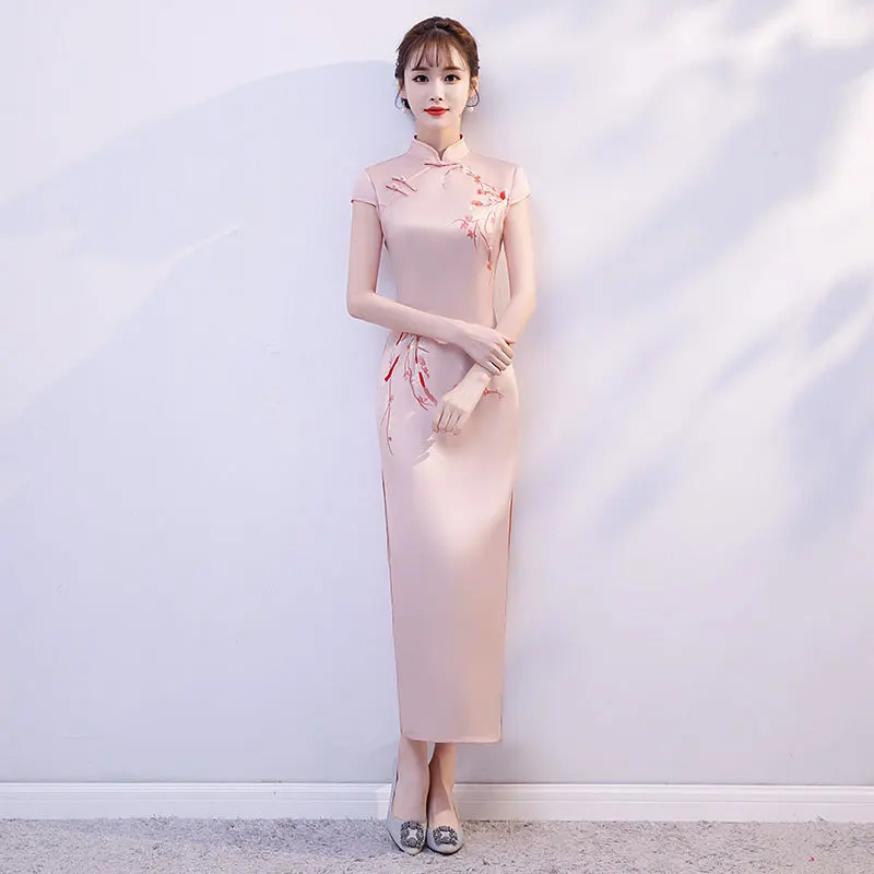 

Elegant Summer Elegant Double-layer Pink Cheongsam Catwalk Elegant Retro Photograph Qipao Chinese Style Evening Dress for Women