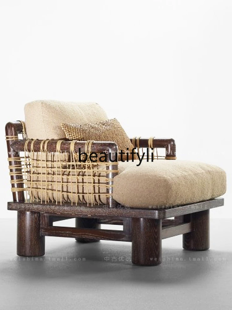 

Nordic Solid Wood Minimalist Style Rattan Sofa Chair Vintage Style Leisure Sofa Lazy Walnut Wood
