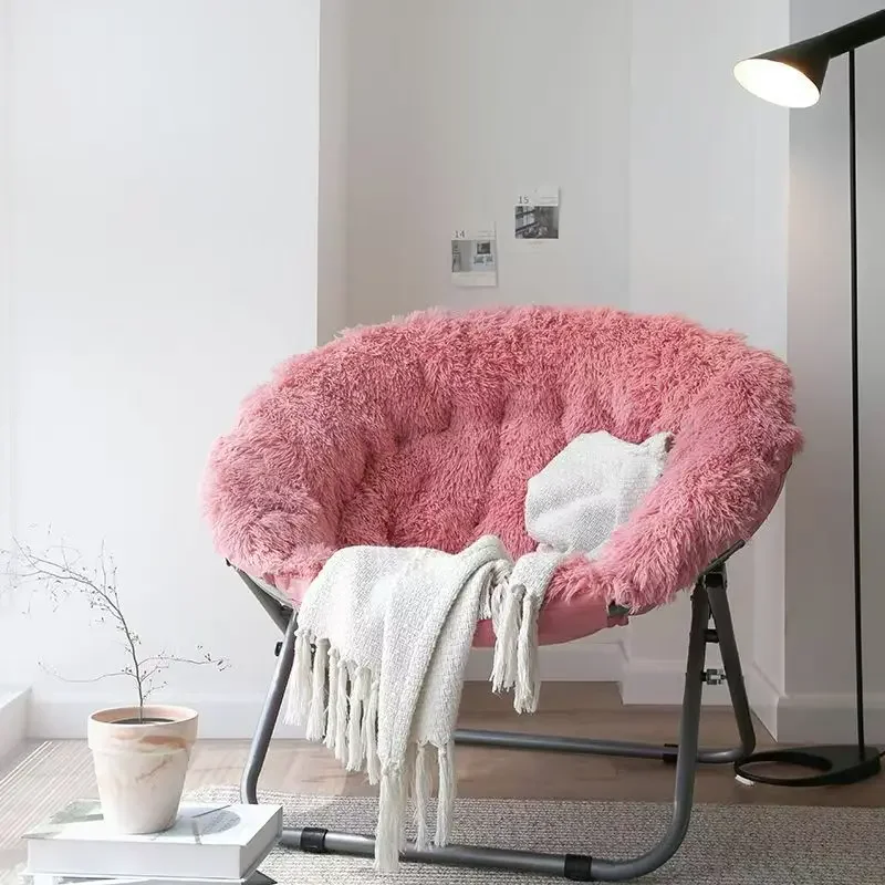 Comfortable Faux Fur Saucer Chair Round Folding Lounge Chair Living Room Flexible Seating for Adults Big Moon Shape Decorative