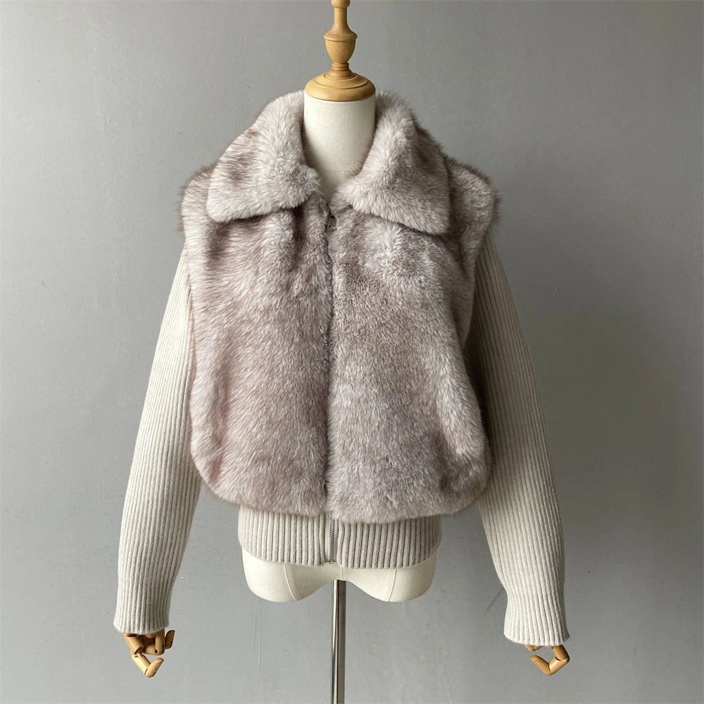 Luxyonuo casaco de inverno feminino moda malha costela retalhos casaco de pele do falso casual quente jaqueta com zíper 2025 outono nova lapela outerwear