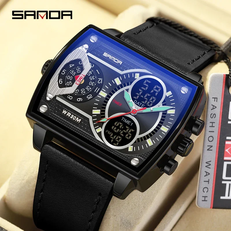 

SANDA цифровые мужские часы модные квадратные военные кожаные повседневные спортивные кварцевые электронные часы водонепроницаемые мужские будильники