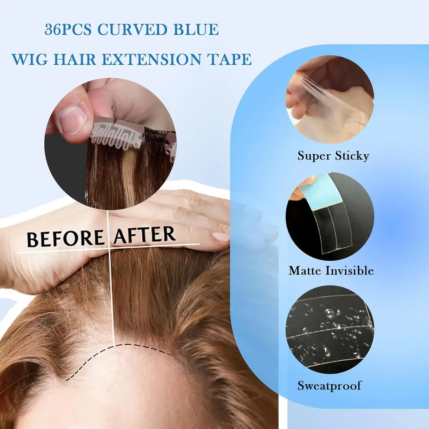 Super Strong Double Adhesive Hair Wig Tape 20Pcs/36Pcs Lot Waterproof Extension Strips for Toupee Lace Wigs C-Shape Film view 6