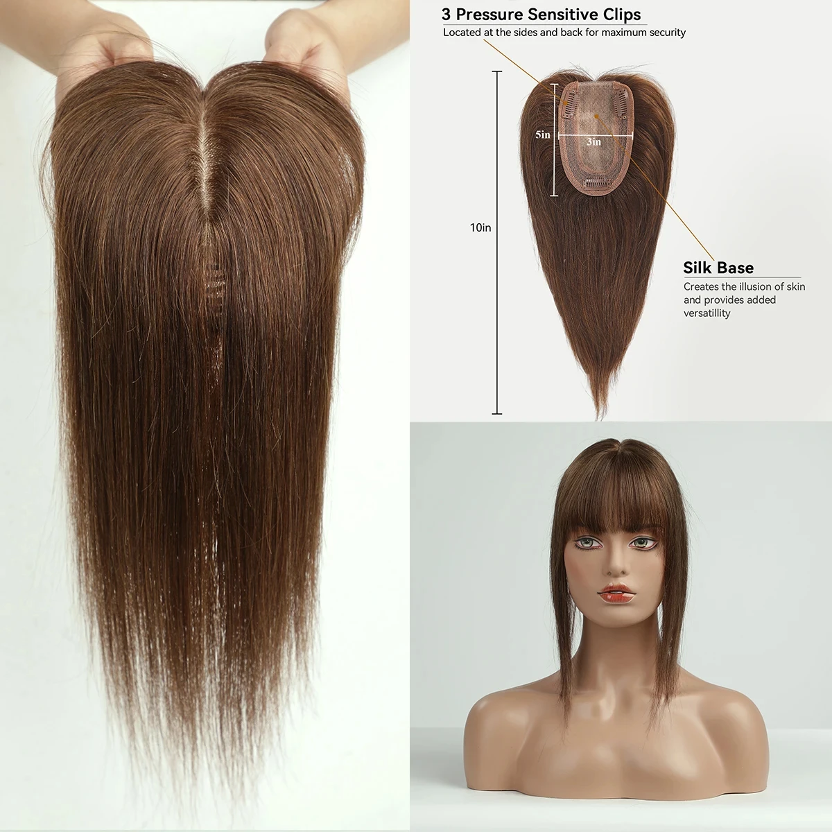 100% Remy Human Hair Toppers for Women Straight Brown Ombre 10inch Human Hair Topper with Bangs Silk Base Clip in Hair Extension image 3