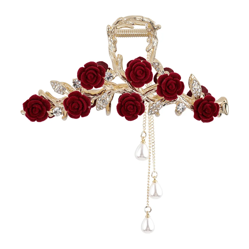 Large Red Flocked Rose Rhinestone Hair Claw Clips For Women Elegant Vintage Pearl Tassel Clips For Thick Hair Daily Party Use
