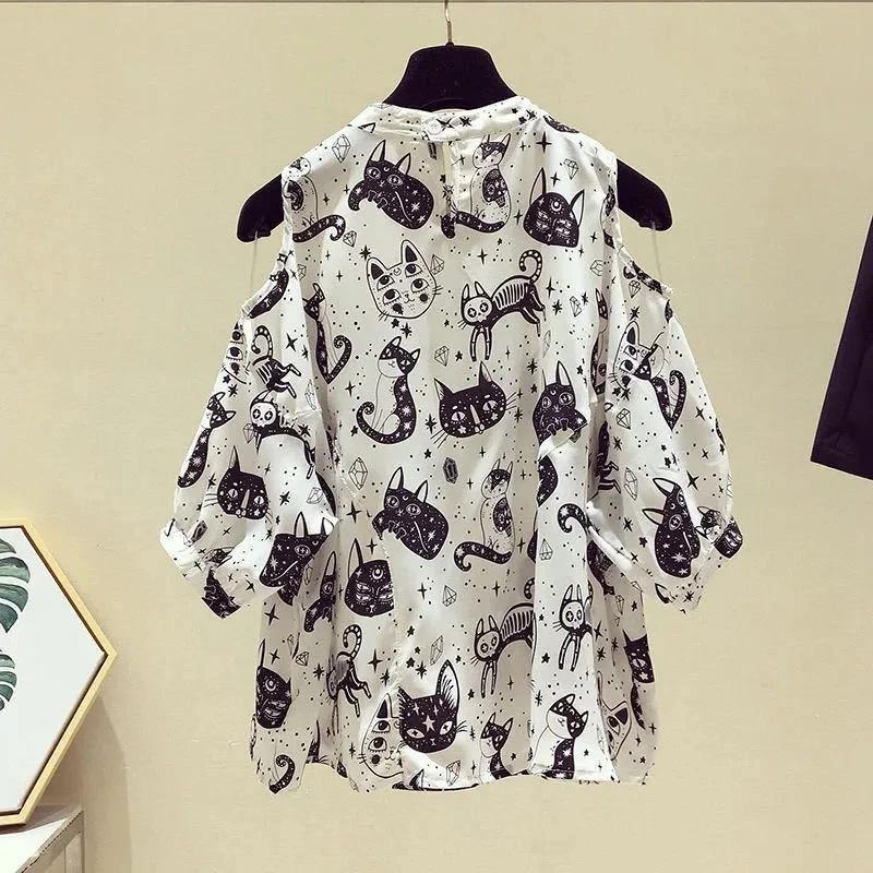 Cat Cartoon Print Chiffon Vintage O-Neck Short Sleeve Loose Women\'s Blouse Shirt Korean Fashion Female Clothing Tops 2024 Summer